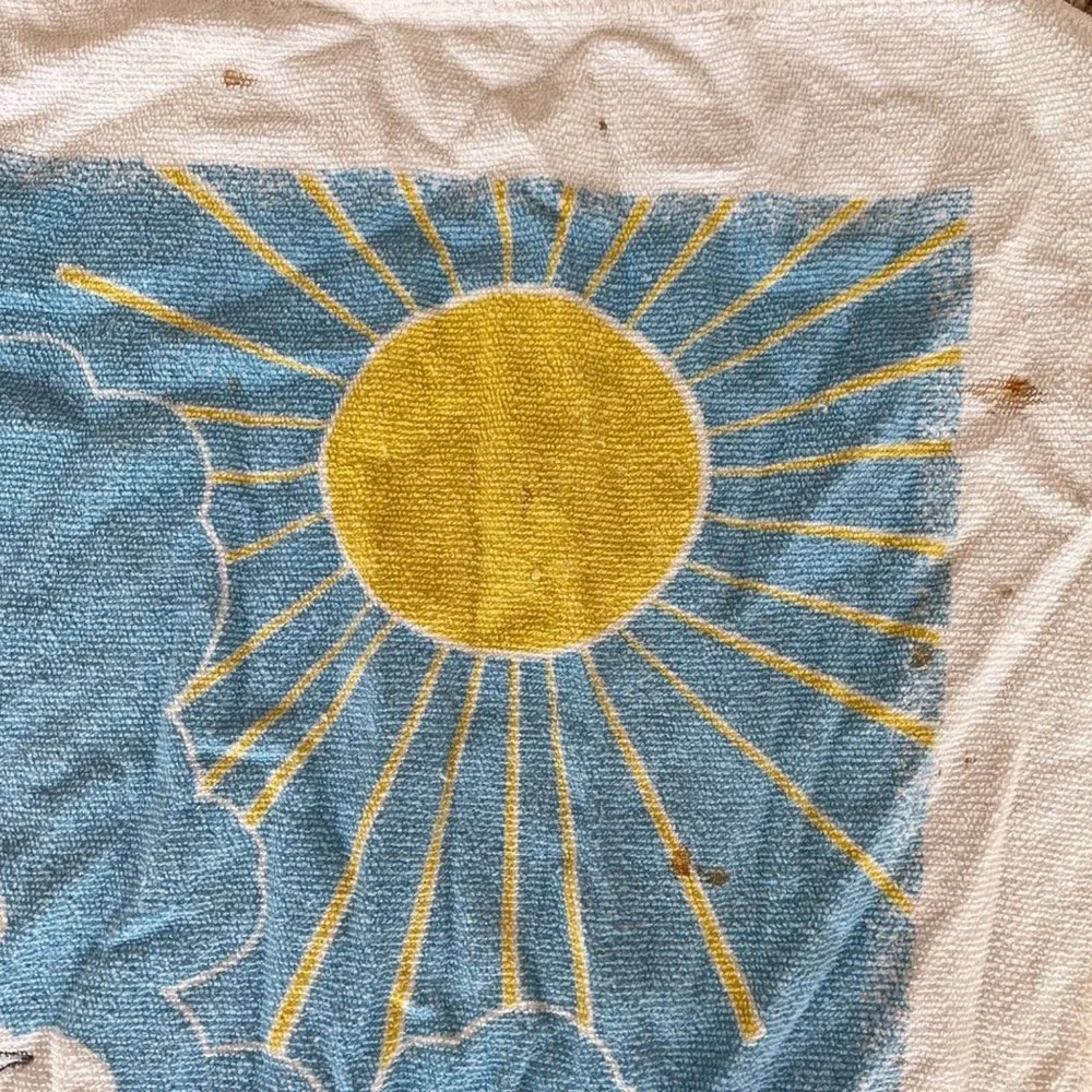 Vintage Beach Scene Towel Terry Cloth Lighthouse Seagulls Sailboat 46x25 Stains